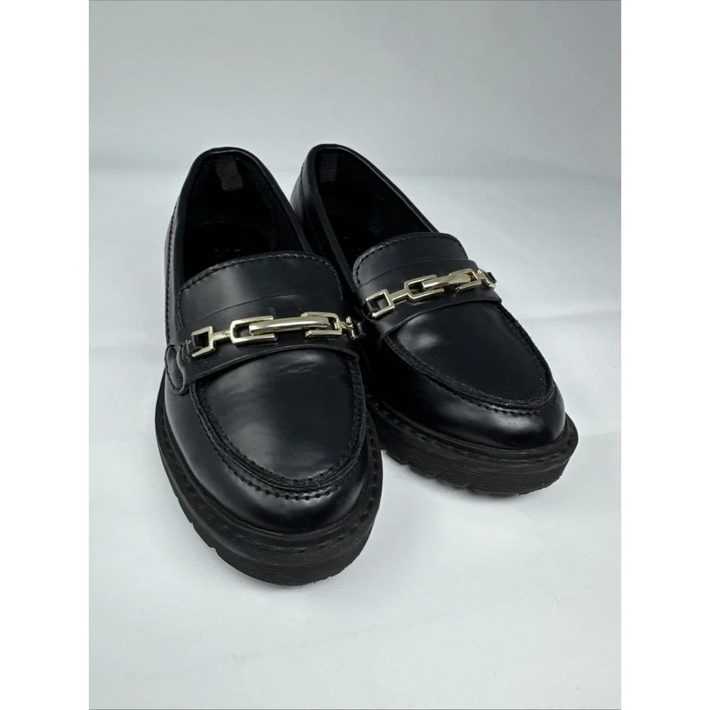 Gap Kids Girls Black Gold Tone Chain Link Faux Leather Loafers‎ Sz 12 Lug Sole